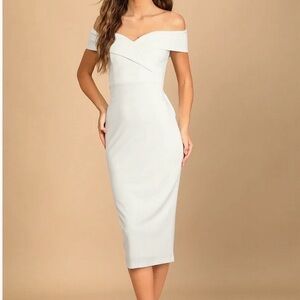 Lulus Cordially Invited White Off the Shoulder Bow Back Midi Dress